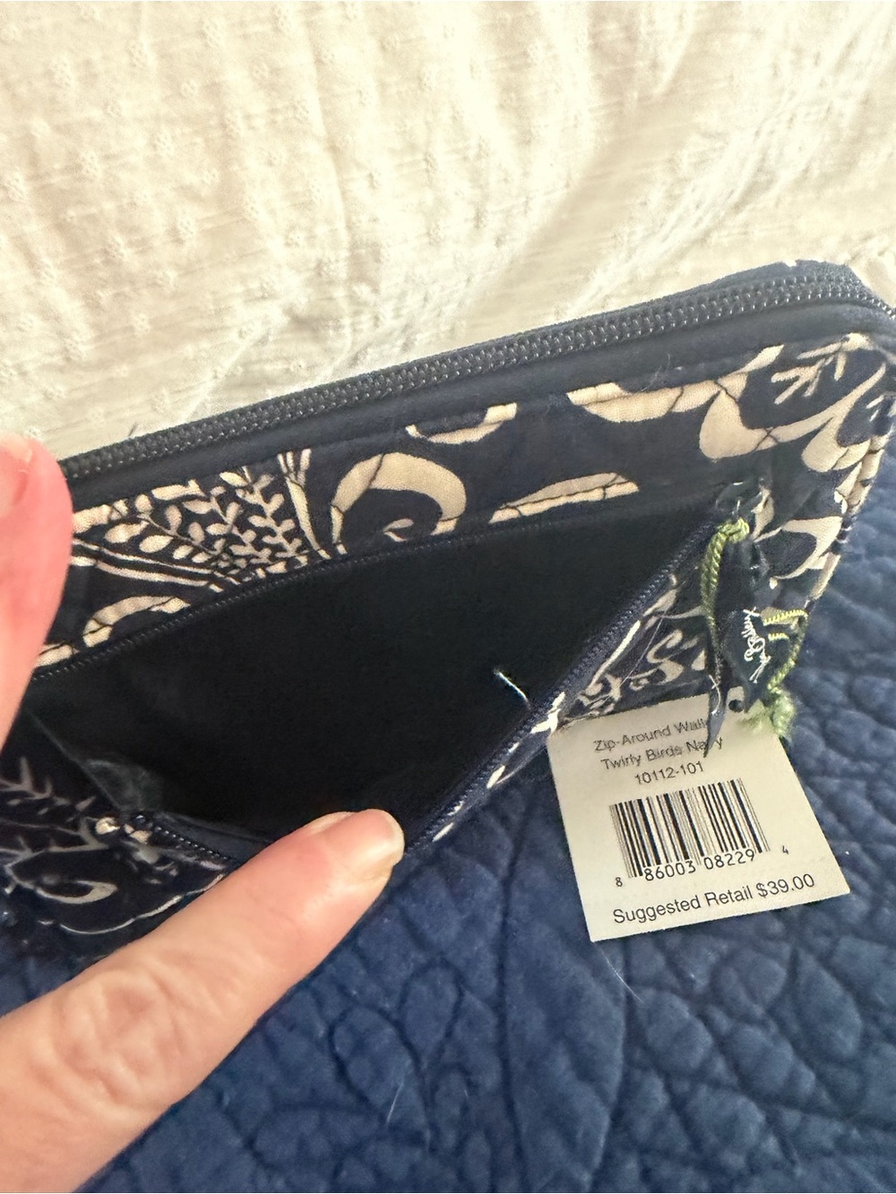 Vera Bradley Zip Around Wallet in Twirly Birds Navy pattern. - Picture 6 of 9
